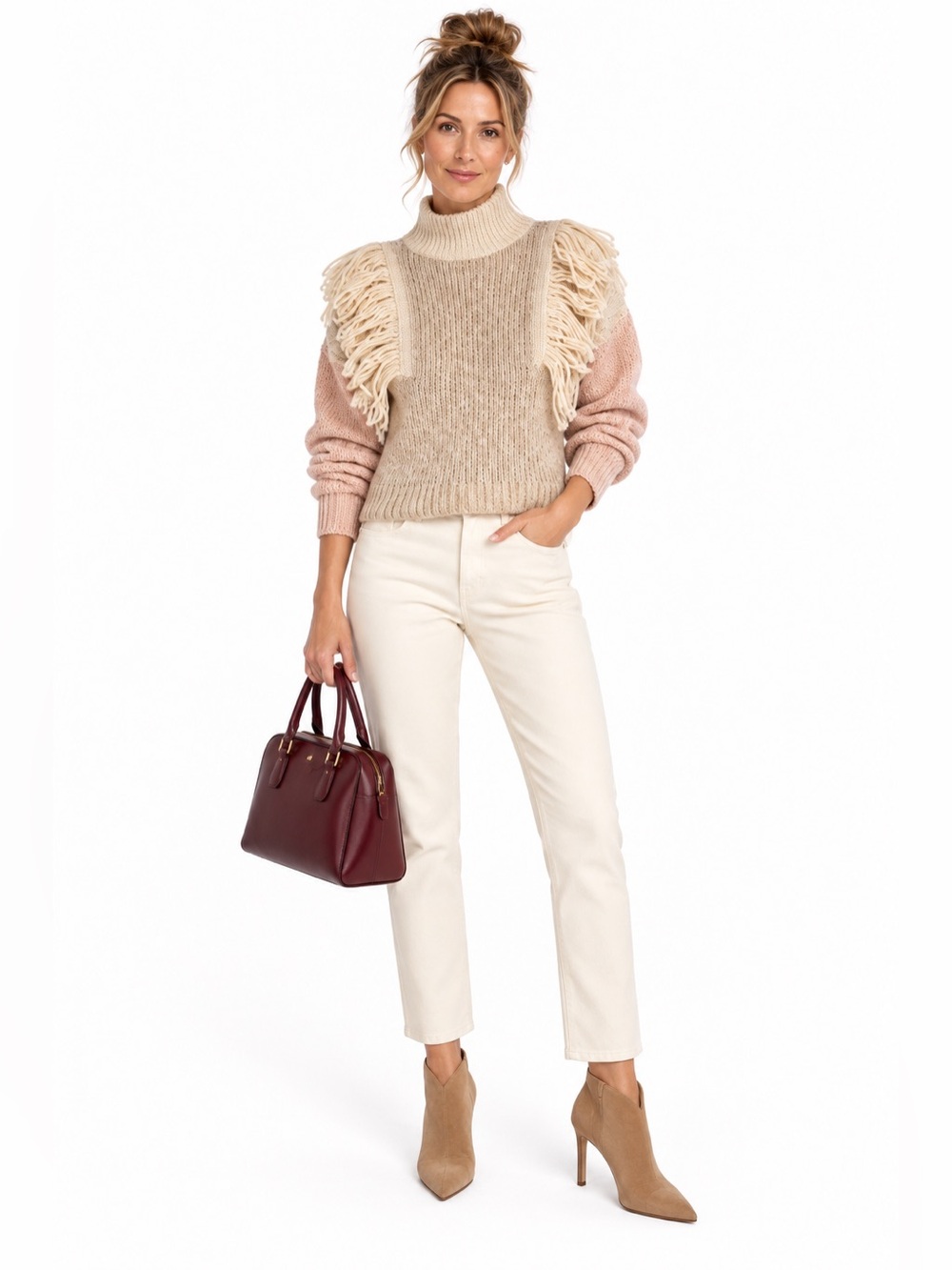 Rebecca Taylor XS Alpaca Blend Colorblock Fringe Turtleneck Sweater